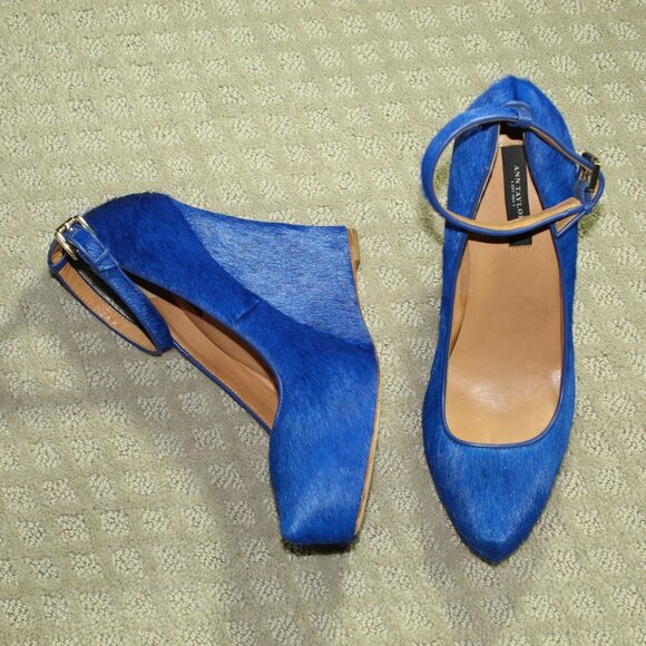 Ann Taylor Lina Women's 8M Cobalt Blue Pony Hair Platform 4.5" Wedge Heels - Picture 3 of 8